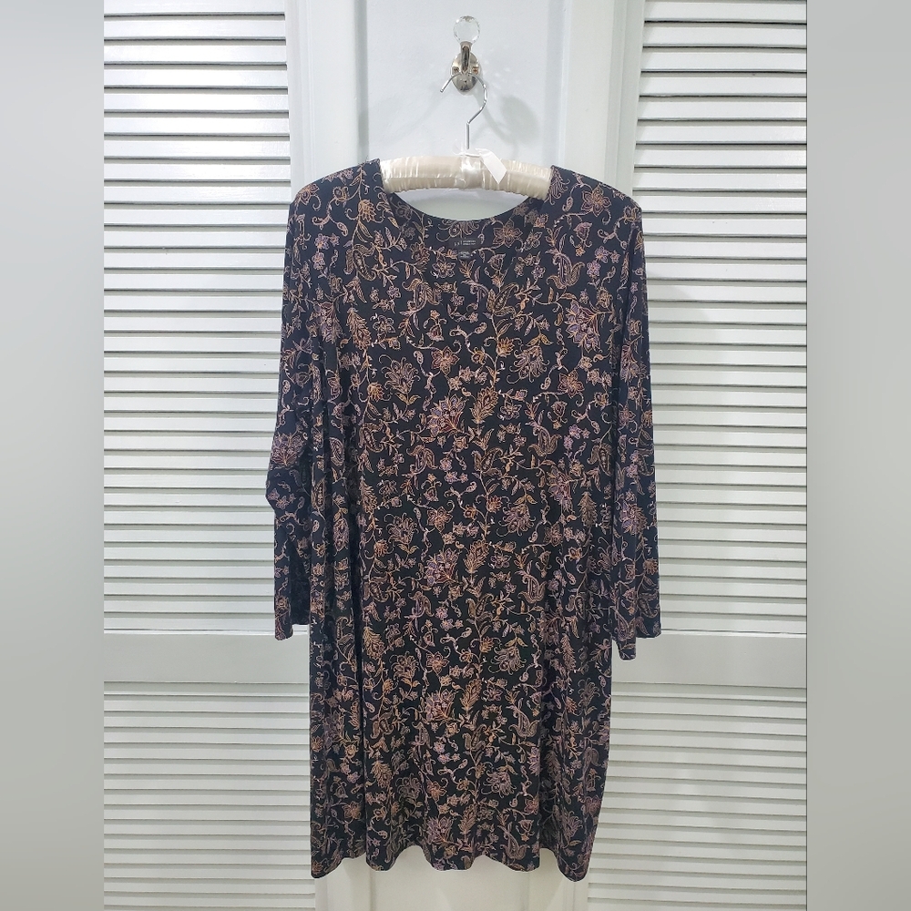 J.Jill 2X Wearever Black Floral Long Sleeve Dress